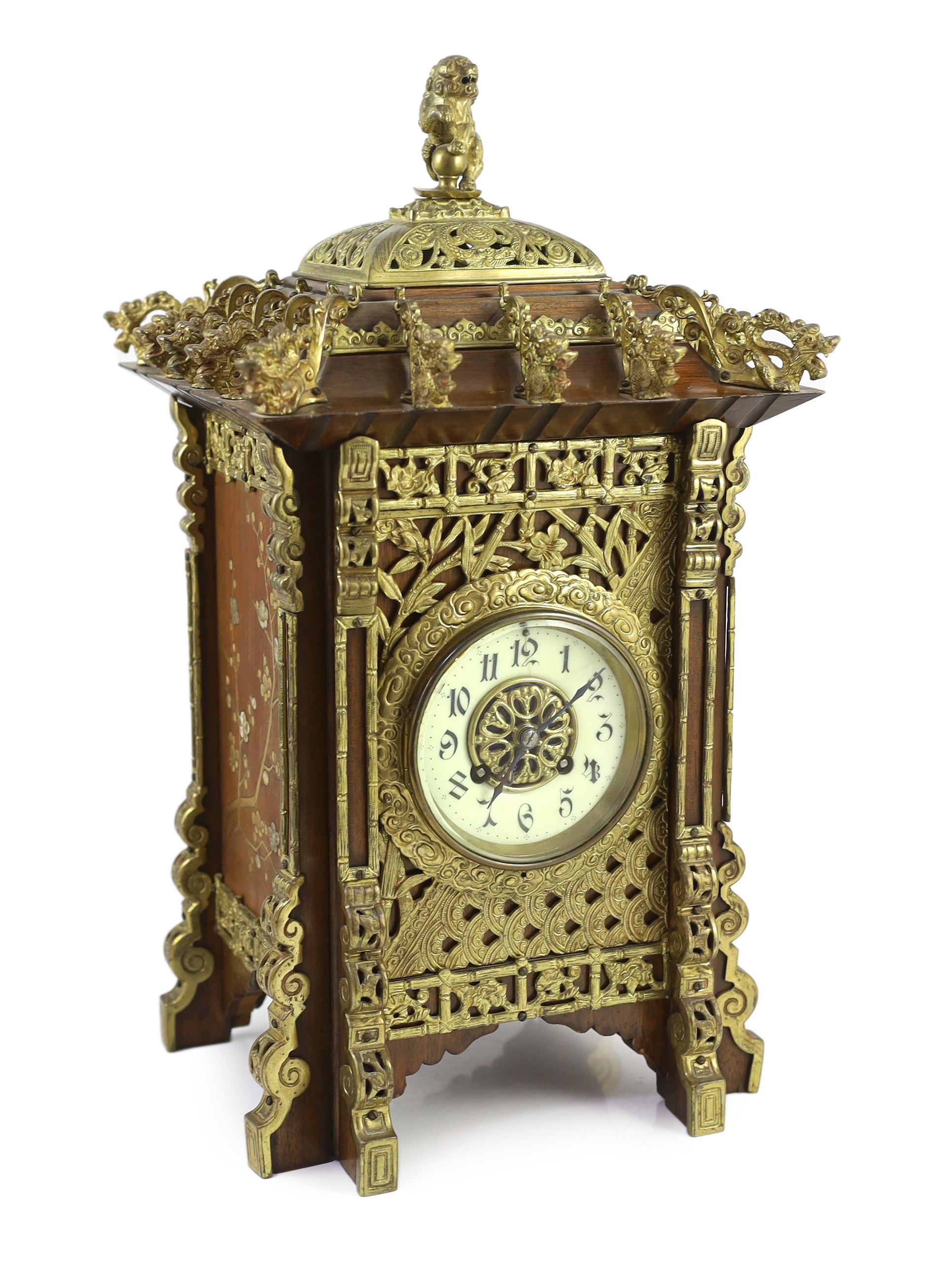 A late 19th century French ormolu mounted mahogany and shibayama style mantel clock, in the Japanese taste, 26cm wide, 23cm deep, 45cm high